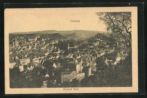 AK Schwäbisch Hall, Ortsansicht aus der Ferne mit Blick auf Comburg