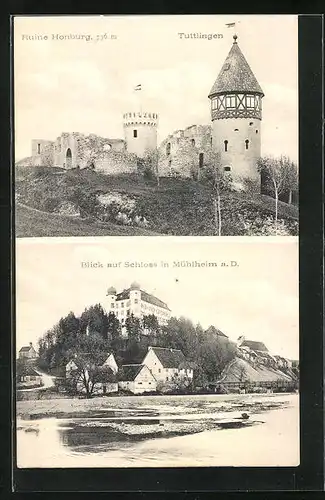 AK Mühlheim a. D., Blick auf Schloss, Ruine Honburg & Tuttlingen