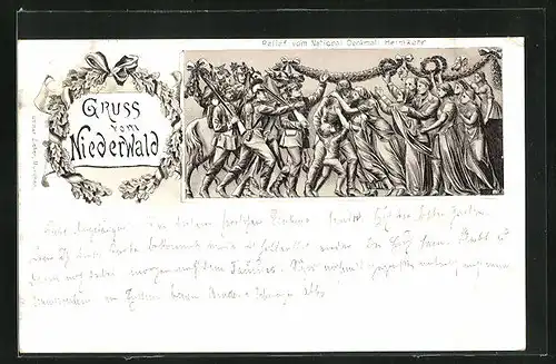 Lithographie Niederwald, Relief vom National-Denkmal: Heimkehr