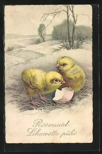 AK Zwei Osterküken mit einer Eierschale, Ostergruss