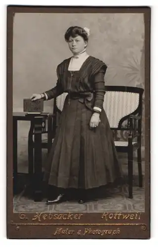 Fotografie C. Hebsacker, Rottweil, Portrait bürgerliche Dame mit Buch an Tisch gelehnt