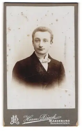 Fotografie Herm. Dieck, Magdeburg, Portrait blonder charmanter Mann in Fliege und Jackett