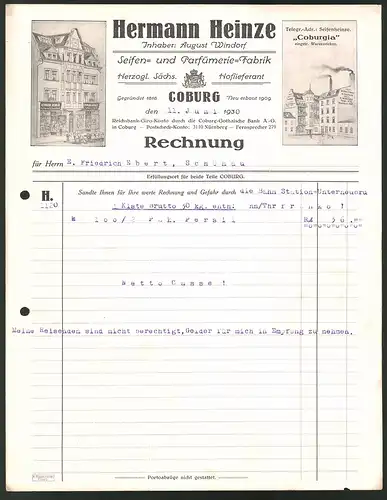 Rechnung Coburg, Seifen- und Parfümerie-Fabrik Hermann Heinze, Inh. August Windorf, Geschäftsgebäude