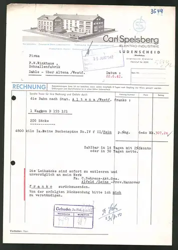 Rechnung Lüdenscheid 1942, Elektro-Industrie Carl Spelsberg, Fabrikgebäude, Logo