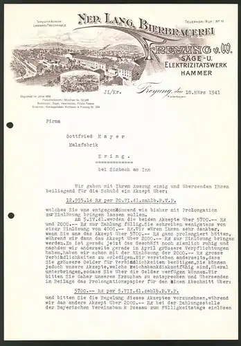Rechnung Freyung v. W. 1941, Säge- u. Elektrizitätswerk Hammer Nep. Lang, Werksgelände