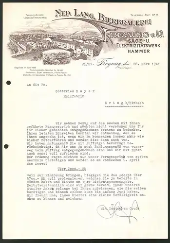 Rechnung Freyung 1941, Nep. Lang Bierbrauerei Säge und Elektrizitätswerk Hammer, Werksgebäude