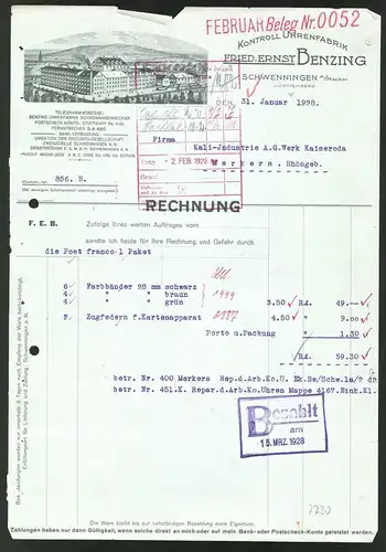Rechnung Schwenningen a. Neckar 1928, Kontroll Uhrenfabrik Fried. Ernst Benzing, Werksgebäude