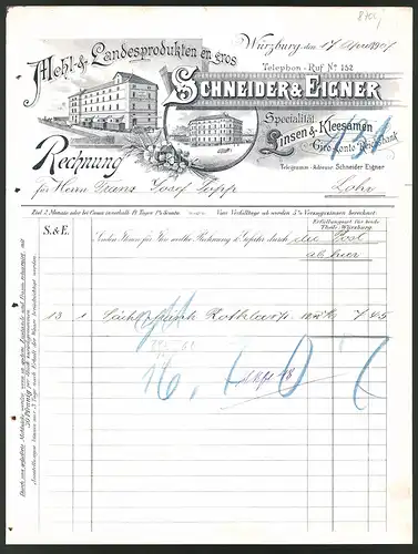 Rechnung Würzburg 1907, Mehl & Landesprodukte en gros Schneider & Eigner, Verkaufsgebäude