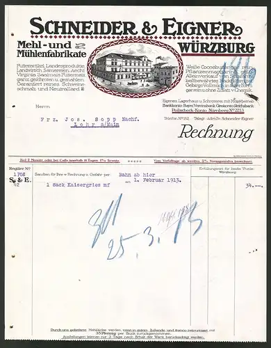 Rechnung Würzburg 1913, Mehl und Mühlenfabrikant Schneider & Eigner, Firmengebäude