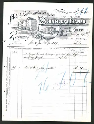 Rechnung Würzburg 1907, Mehl & Landesprodukte Schneider & Eigner, Firmengebäude