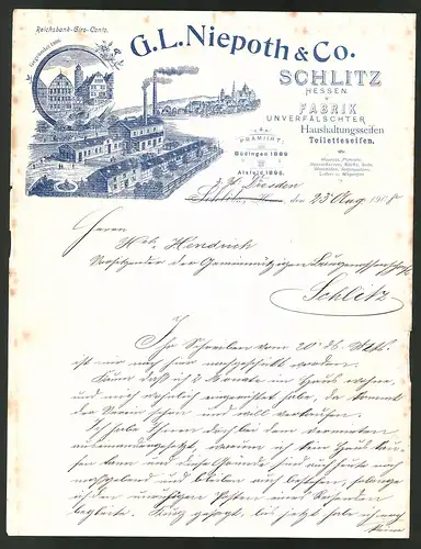 Rechnung Schlitz 1908, Fabrik unverfälschter Haushaltungs- Toilettenseifen G. L. Niepoth & Co., Firmengebäude