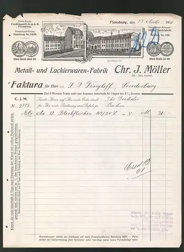 Rechnung Flensburg 1916, Metall und Lackierwaren Fabrik Chr. J. Möller Inh. Johs. Knutzen, Fabrikgebäude