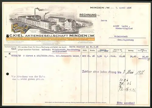Rechnung Minden i. W. 1926, Kiliana-Seifenfabrik F.C. Kiel Aktiengesellschaft, Werksgelände mit Werkshallen