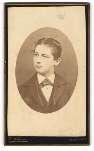 Fotografie W. Johannes, Deggendorf, Brustportrait junger Mann im Anzug mit Fliege