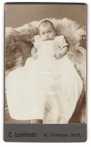 Fotografie C. Lambrecht, Hannover, Portrait niedliches Baby im weissen Kleid auf Fell sitzend
