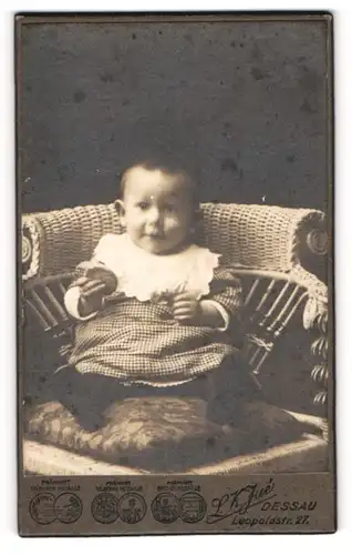 Fotografie L. K. Jué, Dessau, Portrait niedliches Kleinkind im karierten Kleid mit Keks auf Kissen sitzend