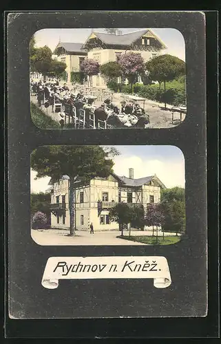 AK Rychnov n. Knez, Besucher im Gartenbereich einer Gastwirtschaft