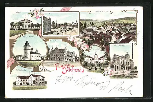 Lithographie Lazne Belohrad, Kostel a fara, Láz. hôtel, Hôtel Vlach, Hôtel Zátisí