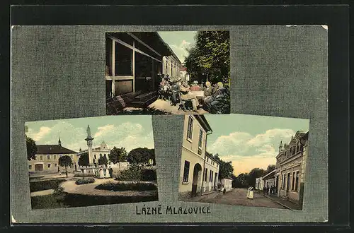 AK Lázne Mlazovice, Drei Ansichten aus dem Ort