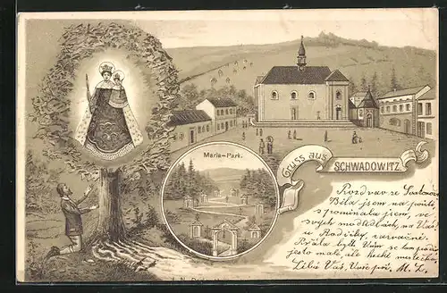 Lithographie Schwadowitz, Maria-Park mit Kirchengebäude und Vorplatz