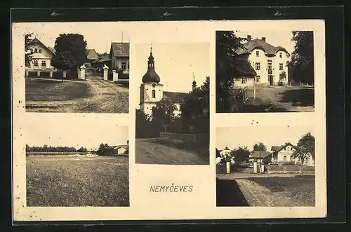 AK Nemyceves, Kirche, Ortspartien mit Häusern