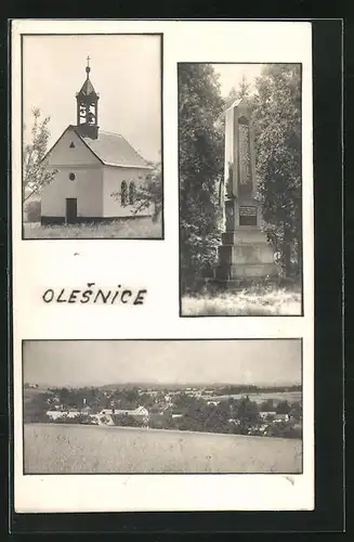 AK Olesnice, Kleine Kirche, Ehrenmal & Panorama