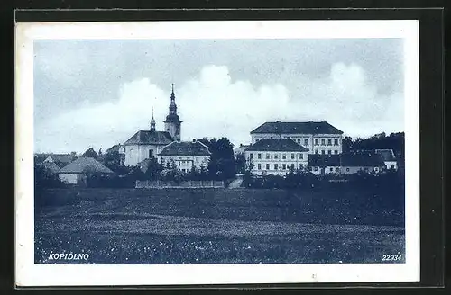 AK Kopidlno, Blick zum Ort mit Kirche