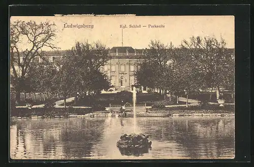 AK Ludwigsburg, Kgl. Schloss, Parkseite mit Fontäne