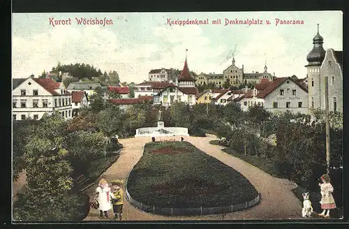 AK Wörishofen, Kneippdenkmal mit Denkmalplatz und Panorama