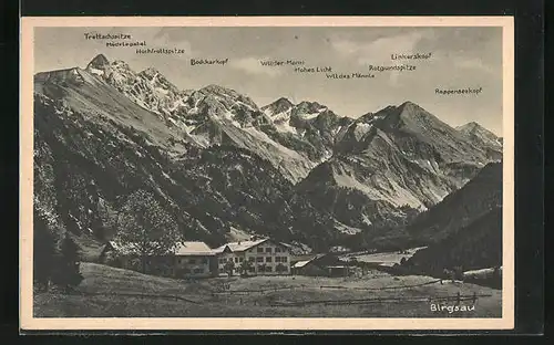AK Birgsau / Bayern, Panorama mit Bockkarkopf, Mädelgabel & Rappenseekopf