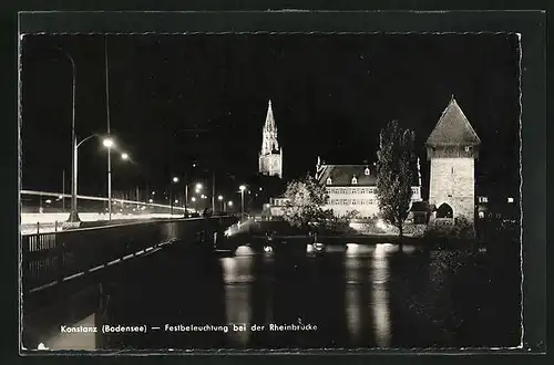 AK Konstanz / Bodensee, Festbeleuchtung bei der Rheinbrücke