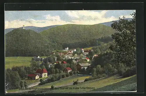 AK Bad Thal, Ortsansicht von der Tropfsteinhöhle aus mit Ruine Scharfenburg