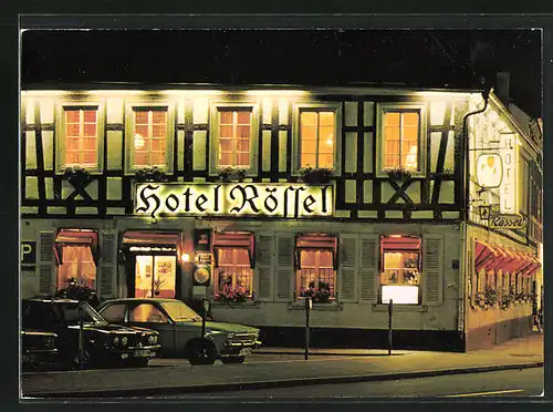 AK Bad Bergzabern, Hotel Rössel in der Schlittstrasse 2 bei Nacht