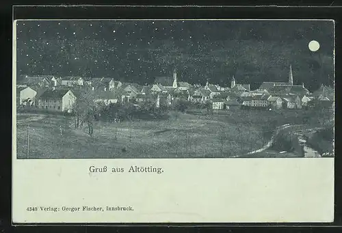 Mondschein-AK Altötting, Panorama des Ortes bei Vollmond