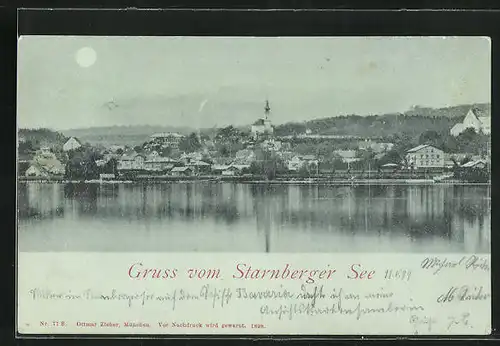 Mondschein-AK Starnberg, Starnberger See, Blick nach dem Ort
