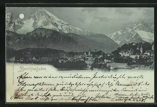 Mondschein-AK Berchtesgaden, Totalansicht der Ortschaft