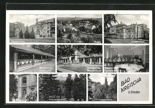 AK Bad Kreischa, Sanatorium Wandelhalle, Sanatorium Liegehalle, Blick von der Himmelswiese
