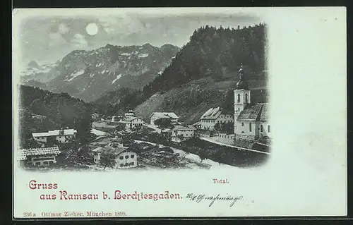 Mondschein-AK Ramsau, Ortsansicht mit Kirche