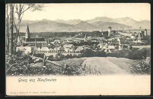 AK Kaufbeuren, Panoram mit Kirche und Stadtmauer