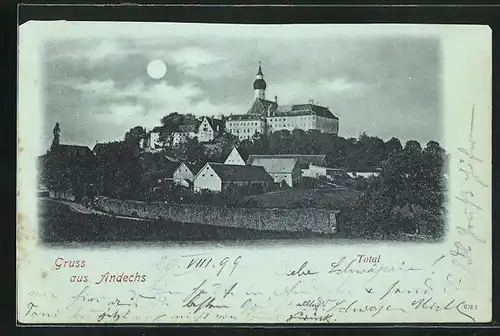 Mondschein-AK Andechs, Das Kloster & umliegende Gebäude