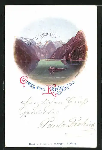 Künstler-AK Königssee, See umgeben von Bergen mit Ruderboot