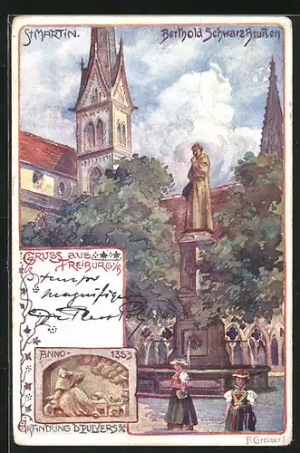Künstler-AK Freiburg i.B., St. Martin Kirche und Berthold Schwarz-Brunnen