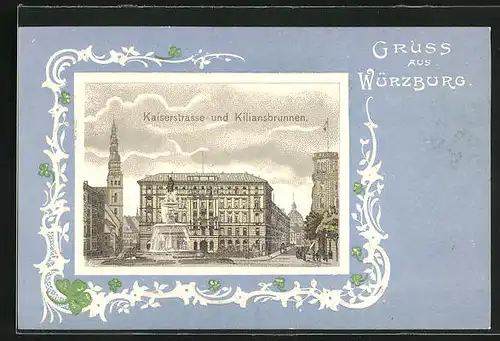 Lithographie Würzburg, Kaiserstrasse und Kiliansbrunnen