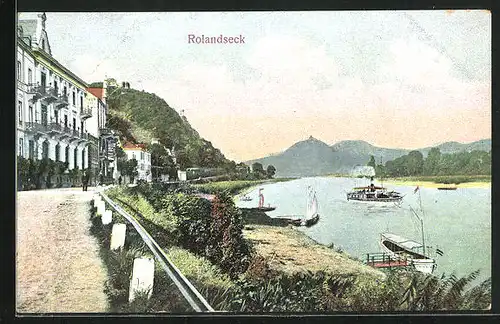 AK Rolandseck, Ortspartie am Fluss mit Booten