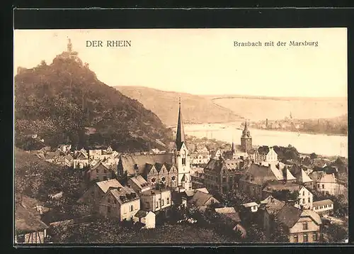AK Braubach, Ortsansicht am Rhein mit der Marxburg