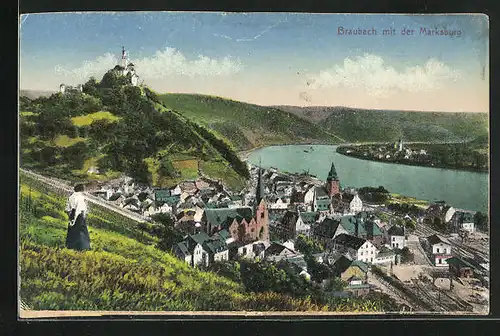 AK Braubach, Ortsansicht mit der Marksburg