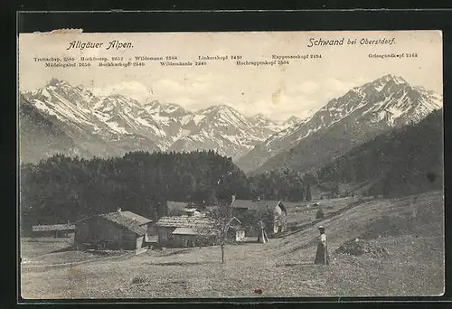 AK Schwand, Ortsansicht mit den Allgäuer Alpen