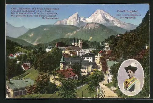 AK Berchtesgaden, Ortspanorama und Frauenportrait