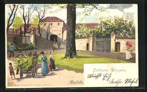 Künstler-Lithographie Alfred Mailick: Fröhliche Pfingsten, Frühlingsidyll in Ortschaft