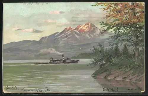 Künstler-Lithographie Alfred Mailick: Dampfer auf Bergsee